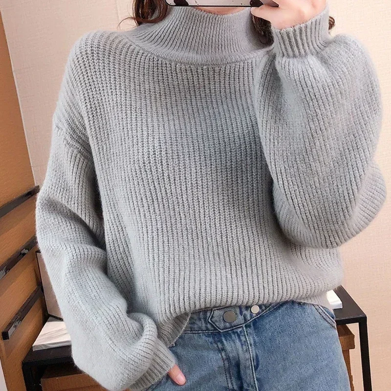 AOSSVIAO Women Mock Neck Thermal Sweater Lantern Sleeve Solid Basic Jumpers Casual Knit Sweater For Women 2024 Autumn Winter