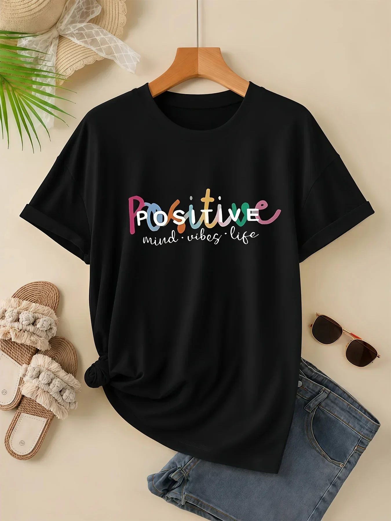 Positive Mind Vibes Life Graphic Tee Women Colorful Letter Print Short Sleeve White T-Shirt Loose Fit Casual Summer Trendy Top