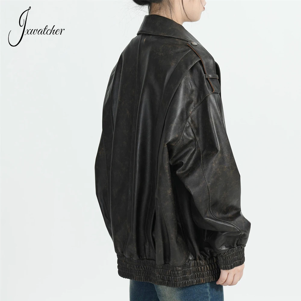 Jxwatcher Damen Schaffell Mantel Damen Mode losen Stil Echt lederjacke Frühling Herbst Vollarm Echt leder Mäntel neu