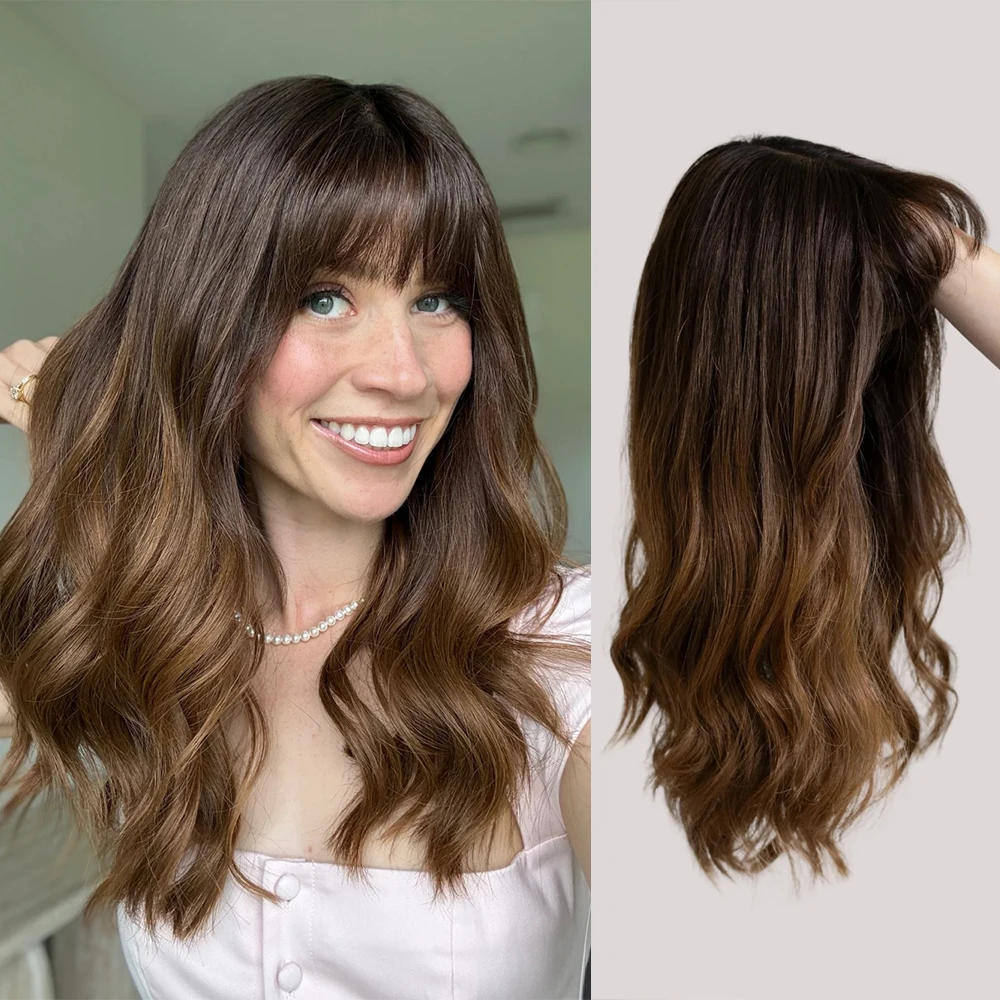 Natural Synthetic Loose Wave Wig with Curtain Bangs Light Brunette Futura Fringe Fibre Realistic Look Wig for Women Daily Party