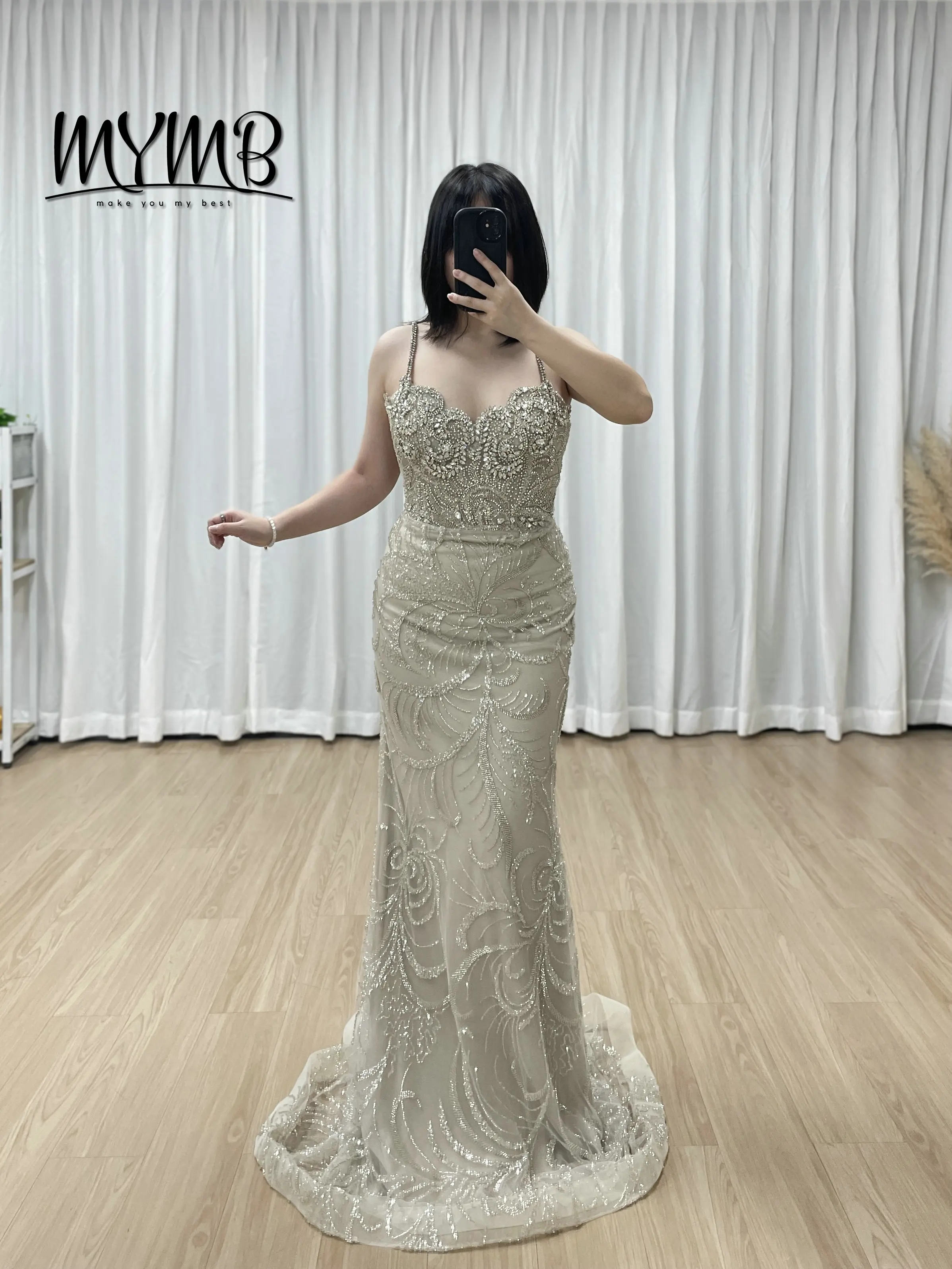 

MYMB Women Sexy Elegant Mermaid Evening Gowns Formal Caramel Spaghetti Strap Beaded Wedding Party Dresses Long Length MC20104