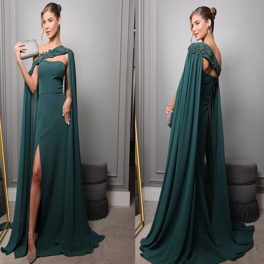 

Simple Sleeveless Chiffon Flowing A-line Evening Dress Backless Long Side Split Mother of Bride Dress with Cape Customized