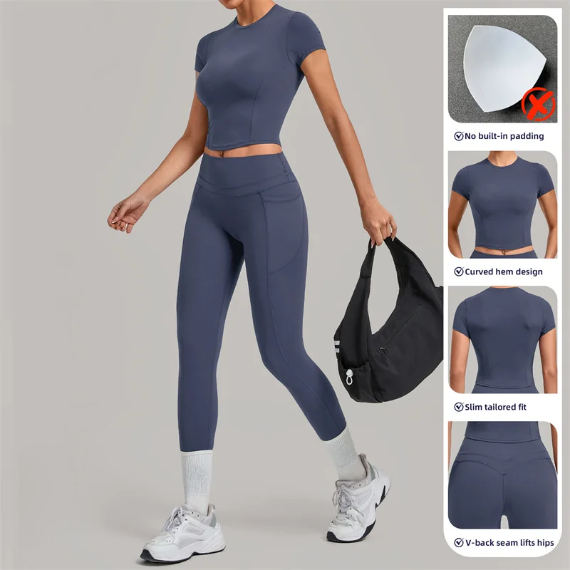 TRY TO BN 2 piece Set Women Set Gym Short Sleeves High Waist Leggings Squat Sports Suit Butt Lift Fitness Workout Yoga Clothing