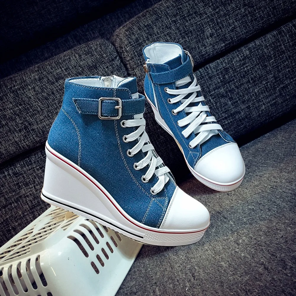 Denim Blue Women\'s Ultra Light High Top Canvas Sneakers Hidden Invisible Heel Wedge Shoes Casual Breathable Platform Sneakers