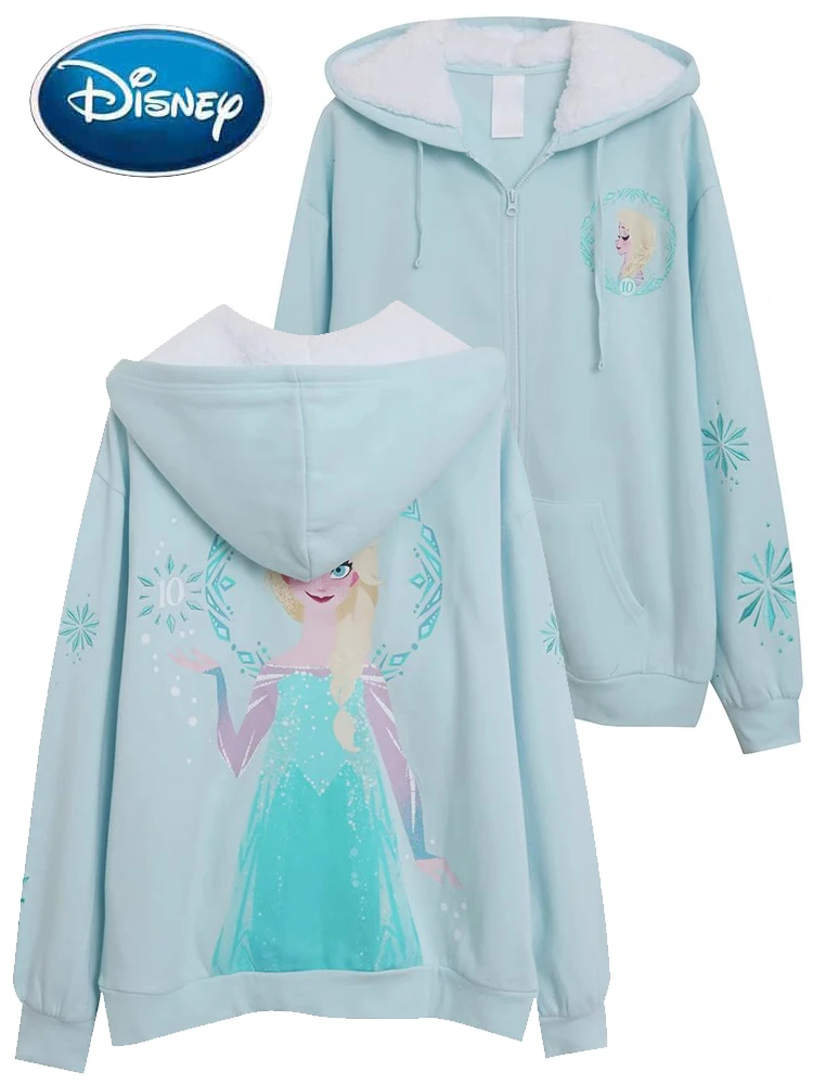 Disney Sweatshirt Frozen Elsa Princess Cartoon Print Snowflakes Embroidery Women Lamb\'s Wool Hooded Zip Pocket Jumper Tops Femme