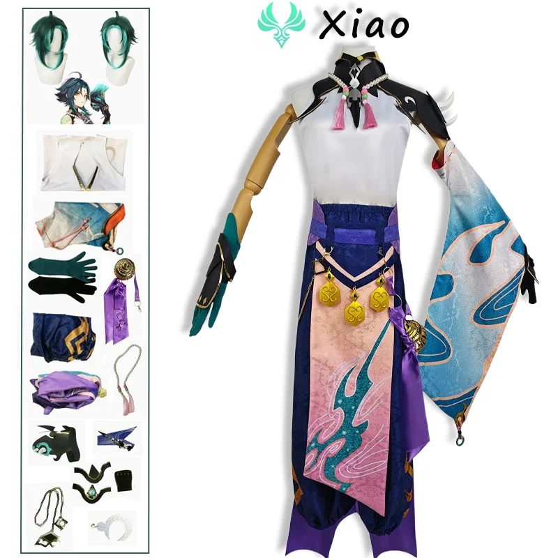 Genshin Impact Xiao Cosplay Costume Green Wig Kimono Uniform Halloween Party Suit Full Accessories Comic Set Con