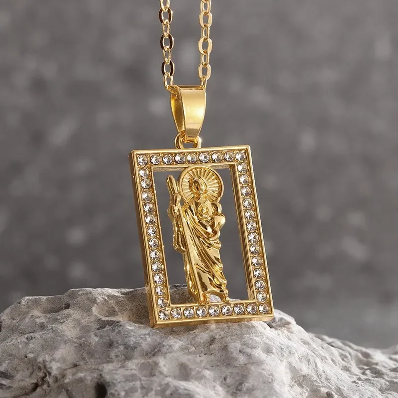 Classic Hollow San Benito Statue Necklace Jesus Pendant Necklace Lucky Amulet Jewelry for Men and Women