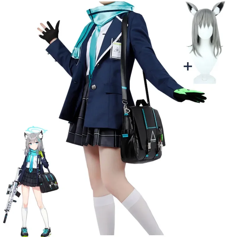 زي تنكري للنساء بأرشيف أزرق أنيمي ، زي الجامعة الموحد ، تنورة وشعر مستعار ، سونوكامي شيروكو ، بدلة كرة تنكرية ، بالغ ، مثير