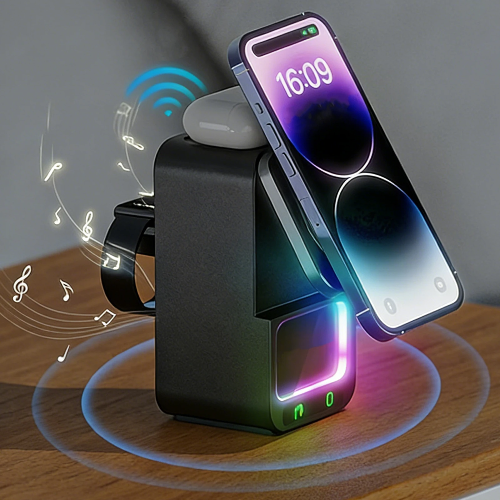 

Беспроводная зарядная станция DH19 Bluetooth Speaker 360 ° Регулируемый держатель для телефона 5-в-1 с магнитной беспроводной зарядкой для iOS и iPhone