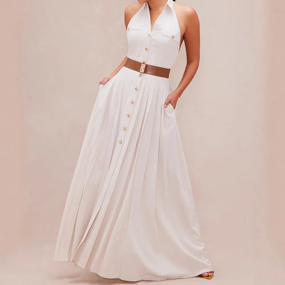 

Elegant Dress Womens Summer and Fall 2025 Solid Floor-length V-neck Halter Sleevess Backless Slim Waist Long Dresses Office Lady