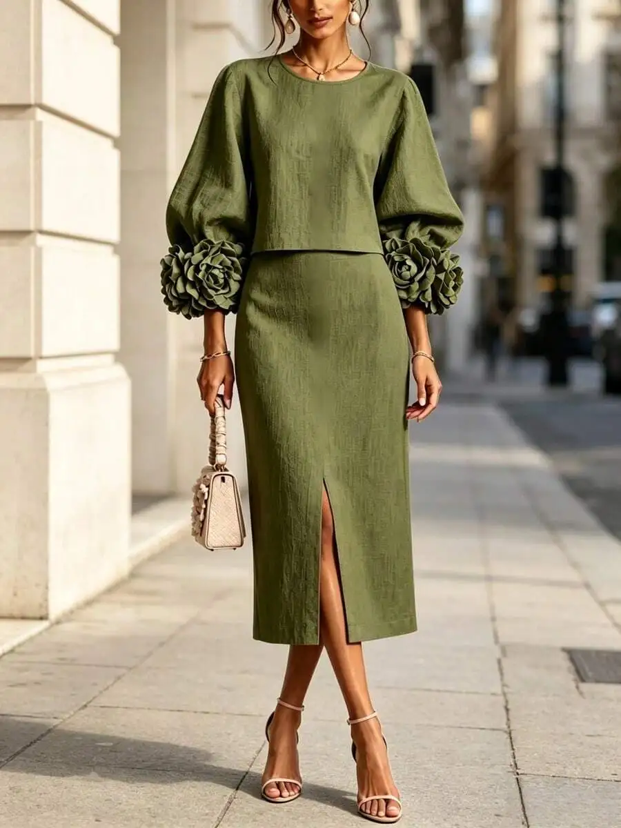Women's Two-Piece Set, Round Neck Fluffy Sleeve Top+3D Floral Cuffs Slit Skirt Set, Suitable For Elegant Matching In Weddings An
