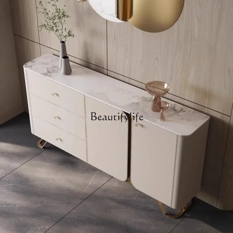 

02 Saddle leather dining side cabinet High cabinet integrated against the wall Storage into the home Guest restaurant Light luxu