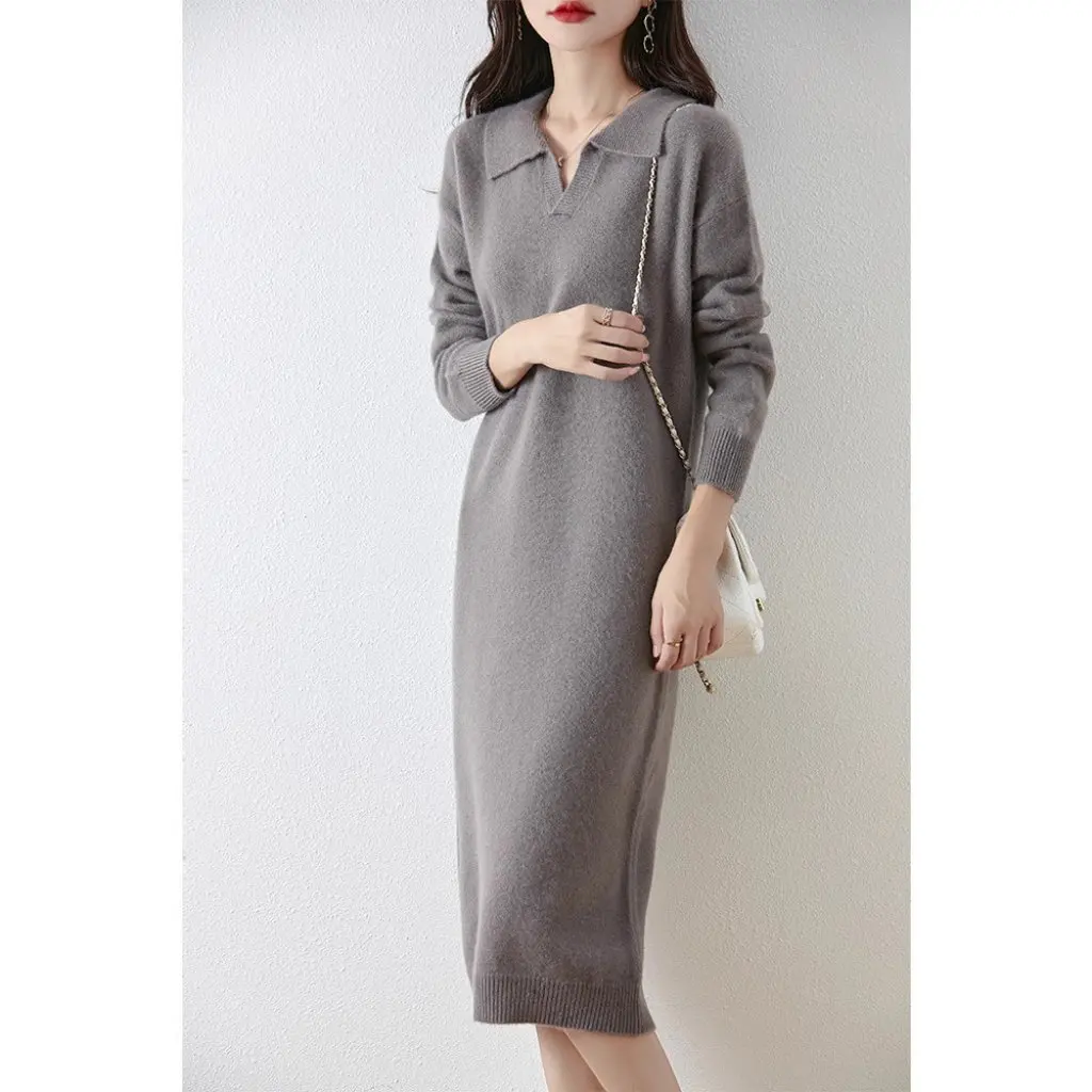 

Женское осенне-зимнее толстое платье с воротником-поло, удлиненный модный свитер выше колена из 100% шерсти