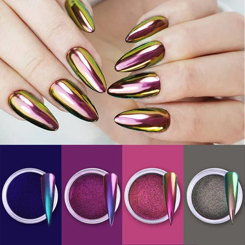 4 unids/set efecto camaleón brillo de uñas en polvo espejo pigmento metálico arte de uñas polvo esmalte cromo pigmento brillante decoración DIY