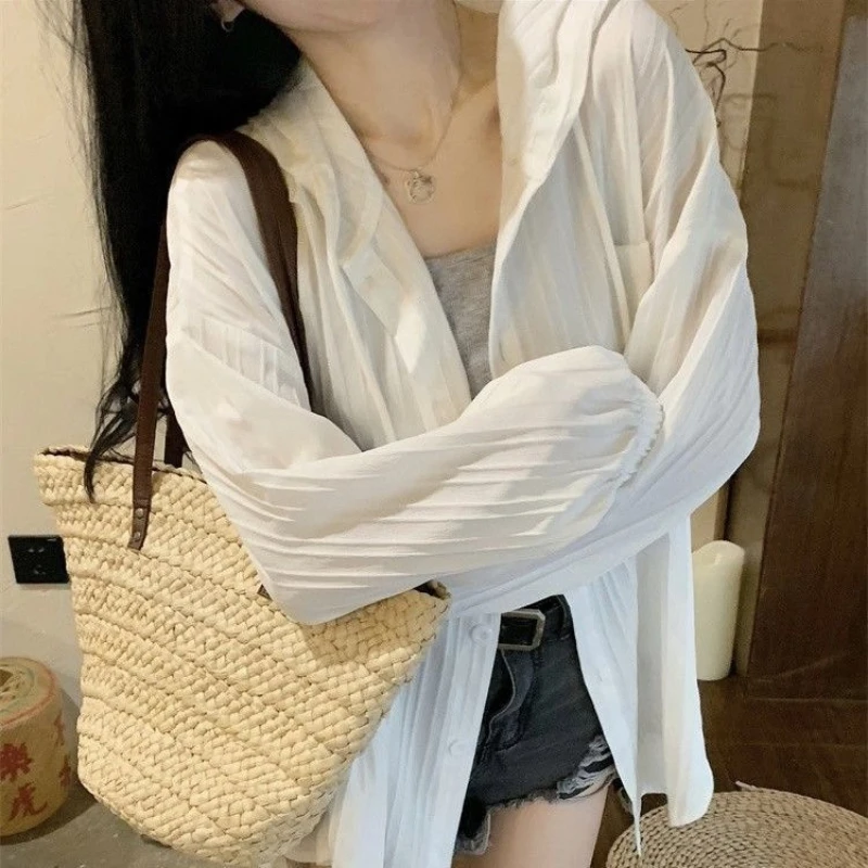 

Solid Loose Thin Hooded Lazy Style Tops Spring Summer New Long Sleeve Simplicity Korean Cardigan Fashion Casual Women Clothing