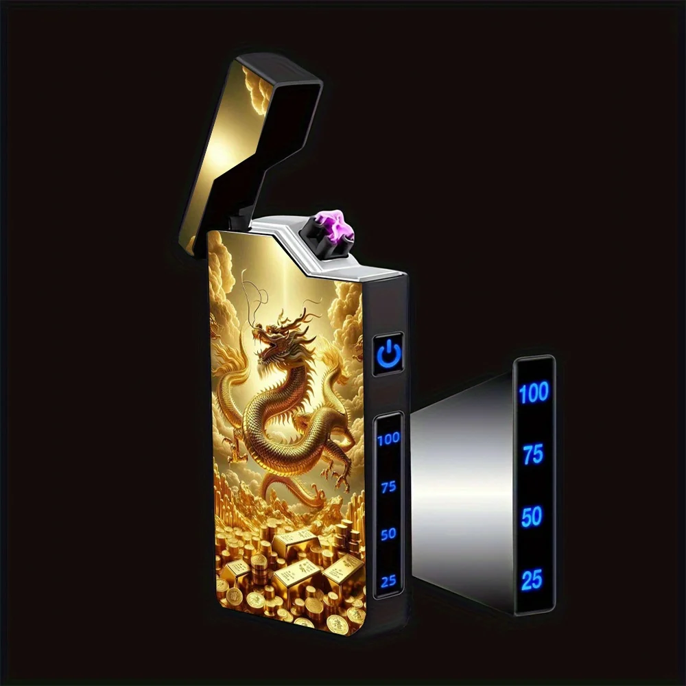 1 Windproof Arc Lighter with a Golden Dragon Pattern, Windproof Lighter, Windproof Arc Lighter, Type-C Charging Lighter, Metal Shell, Power Display, Dual Arc, Gift Box Packaging, with Power-Off Program, Outdoor Survival Supplies