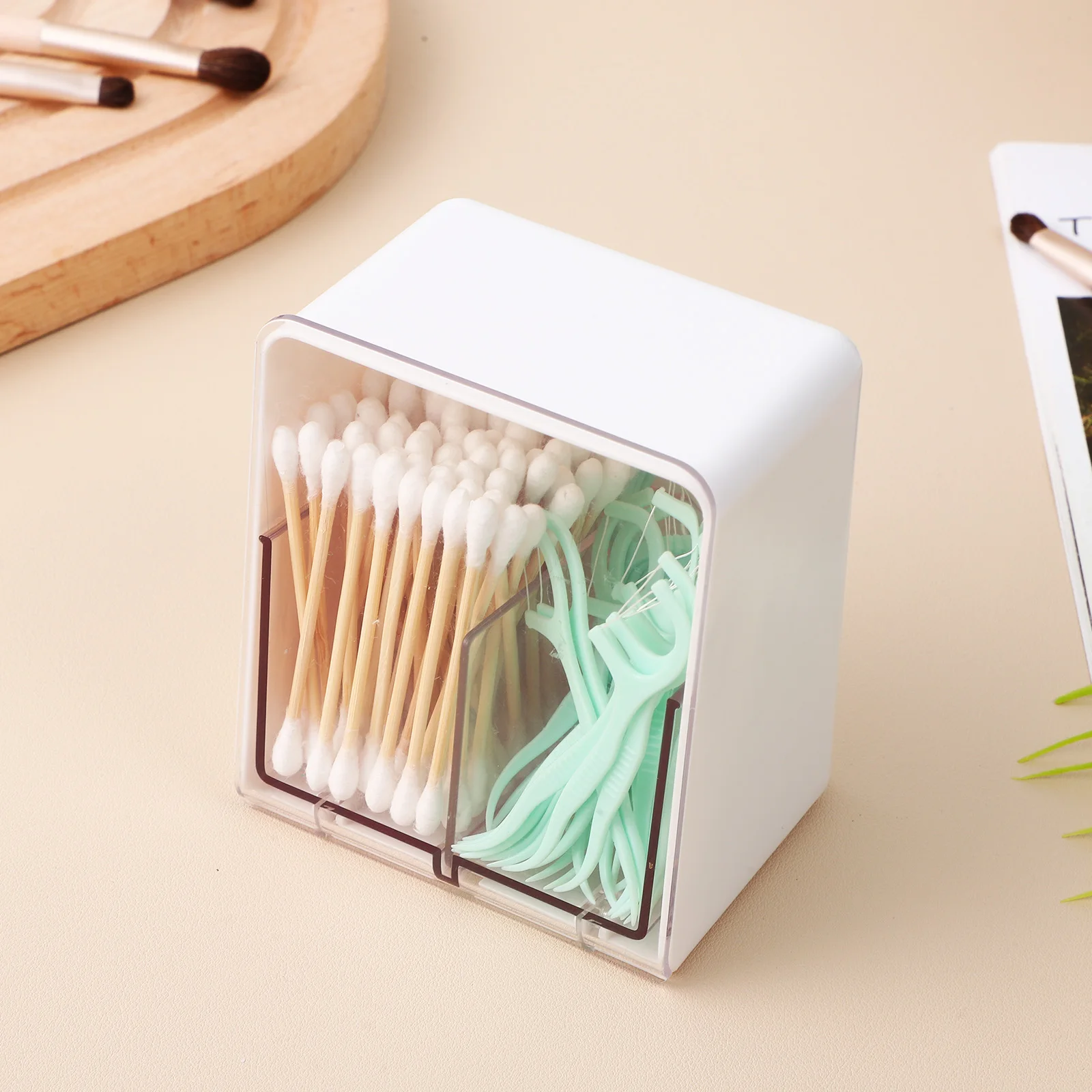 

Cotton Swab Dispenser 2 Compartments Desktop Storage Box Makeup Organizer Cotton Balls Holder Double-Compartment Container Large