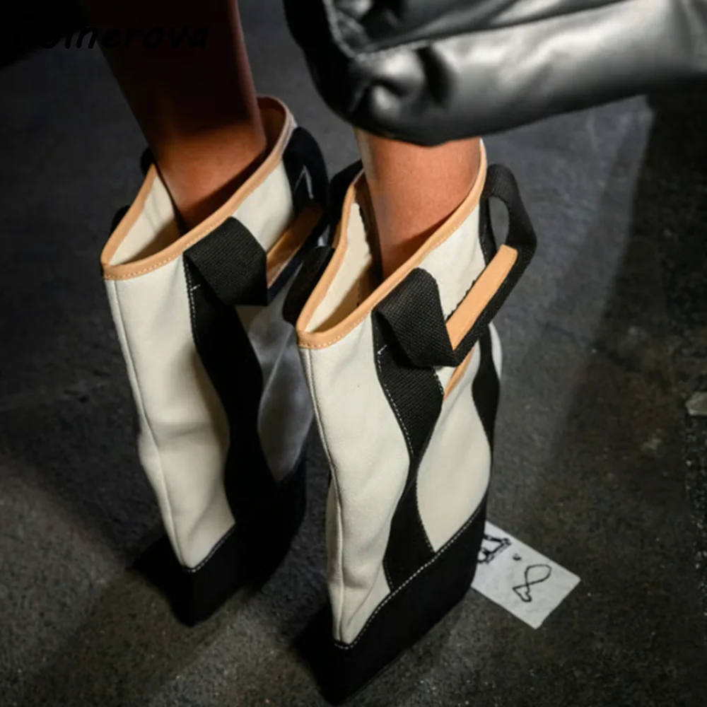 

Stripes Black White Ankle Boots Pointy Toe Kitten Thin Heels Slip On Patchwork Sewing Canvas Shoes Women's Fashion Concise Shoes