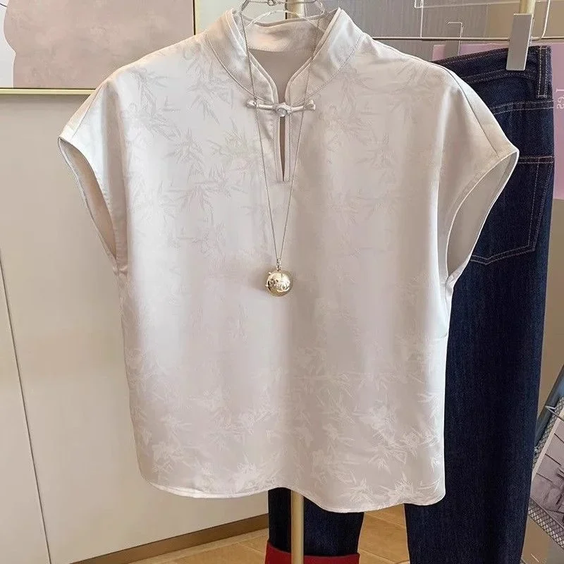 Été nouveau Jacquard doux Satin Blouse femmes Style chinois à manches courtes gilet chemise élégante grenouille bouton femmes hauts