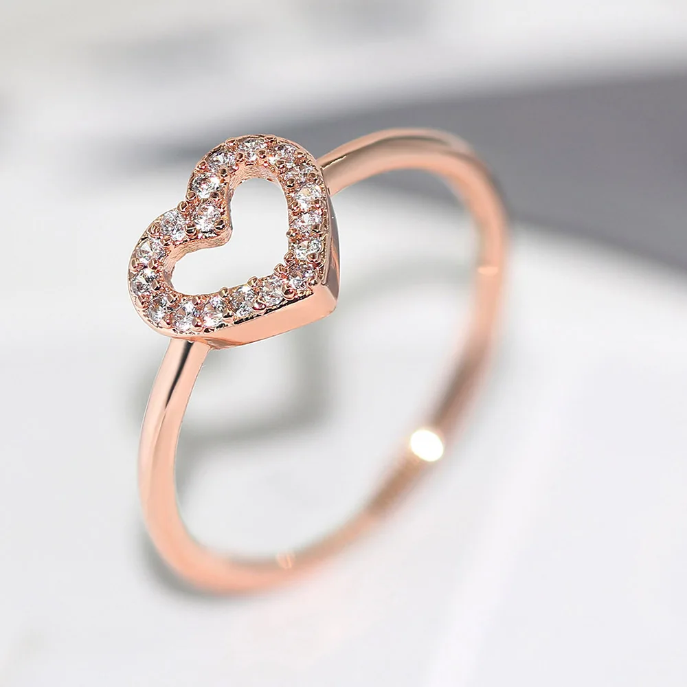 ZHOUYANG Rings For Women Sweet Romantic Cute Heart Zircon Rose Gold Color Wedding Party Daily Finger Ring Fashion Jewelry R917