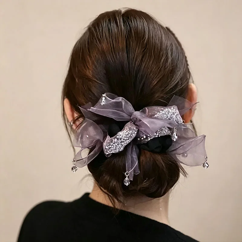 Luxuriöser Strass-Haargummi mit Schleife für Damen und Mädchen, süßer Haarschmuck, elastisches Haarband, Haargummi, Haarring, modisches Haar-Accessoire – Detail 2