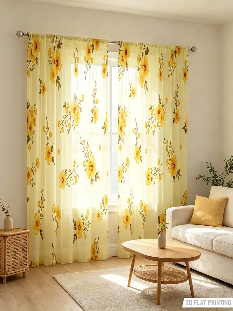 2PCS Digital Print Sheer Curtain, Bright Yellow Flower, Sunny Cheerful Floral - Voile Drapes for Bedroom Living Room Decor