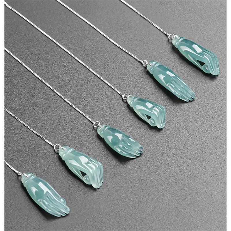 mai chuang/ 925 silver inlaid natural jade blue water Guanyin hand Fine Jewelry Accessories luxury women's drop earrings Gift