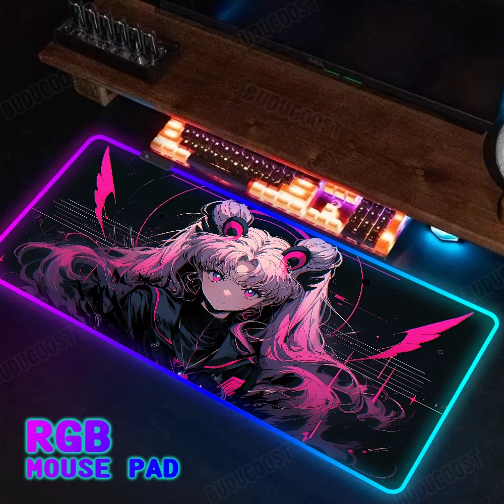 Rgb BLACK Sailor Moon Mouse pad 900x400 led lighting kawaii Office carpet xxl Anime girls Accessories dask table mats HD print