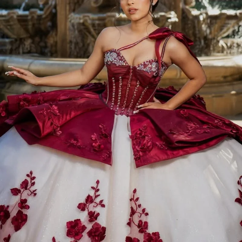 

burgundy Quinceanera Dress Lace off-shoulder Tull crystal 3D flower decal Bow vestidos de 15 Quinceanera ﻿Customized