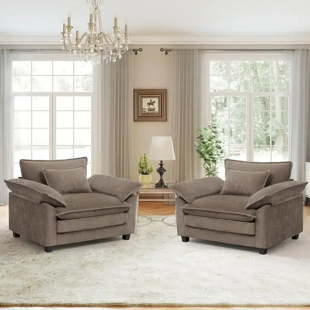 Oversized Chenille Cloud Sofa Chair Set of 2, Deep Seated Upholstered Armchairs for Reading or Living Spaces in Brown