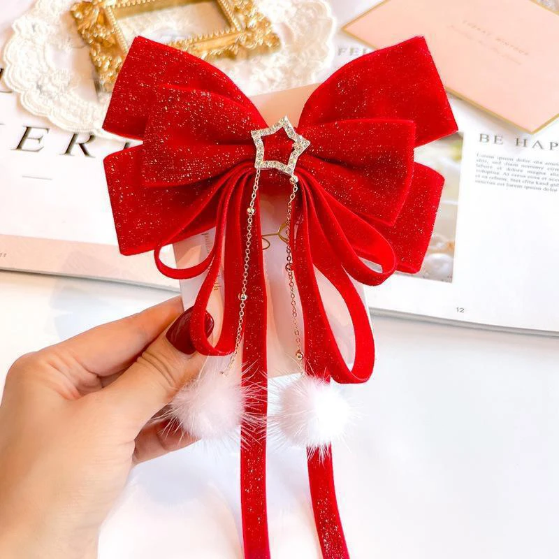 New Red Velvet Big Bow Girls New Year Hair Accessories Net Red Pompon Streamer Hairpin Christmas New Year Decorative Pendant