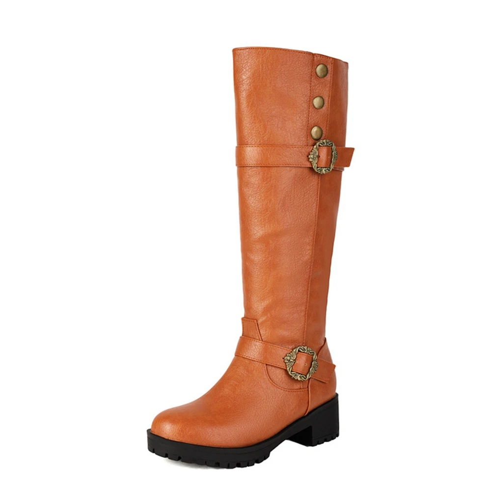 

Plus Size Knee High Boots for Women Retro Buckle Button Decor Block High Heel Riding Boots Black Brown Yellow Big Size 34-46 133