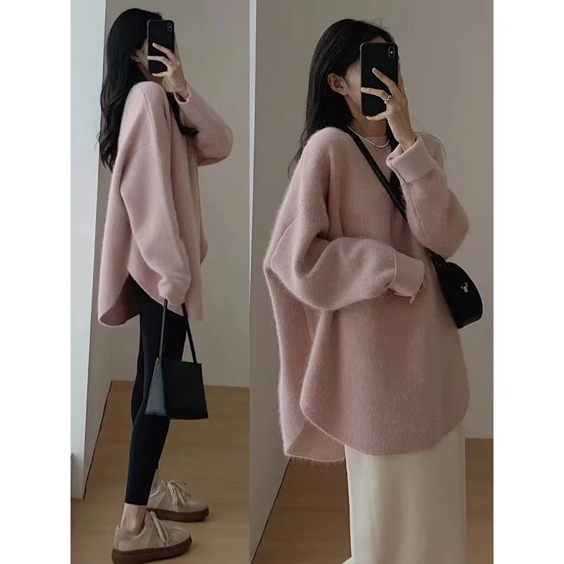 

Korean Style Loose Oversized Cashmere Sweater Women Pure Merino Wool Knitted Mid Length Pullover Autumn Winter Jumper