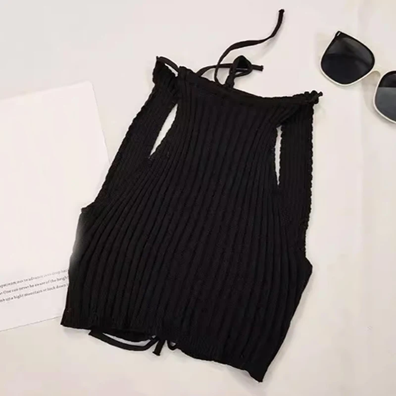 Womwen Summer Tie Backless Crop Halter Knit Top Cross Fit Crop Top Clothes Femme Sexy Casual Drawstring Cropped Beach Tank