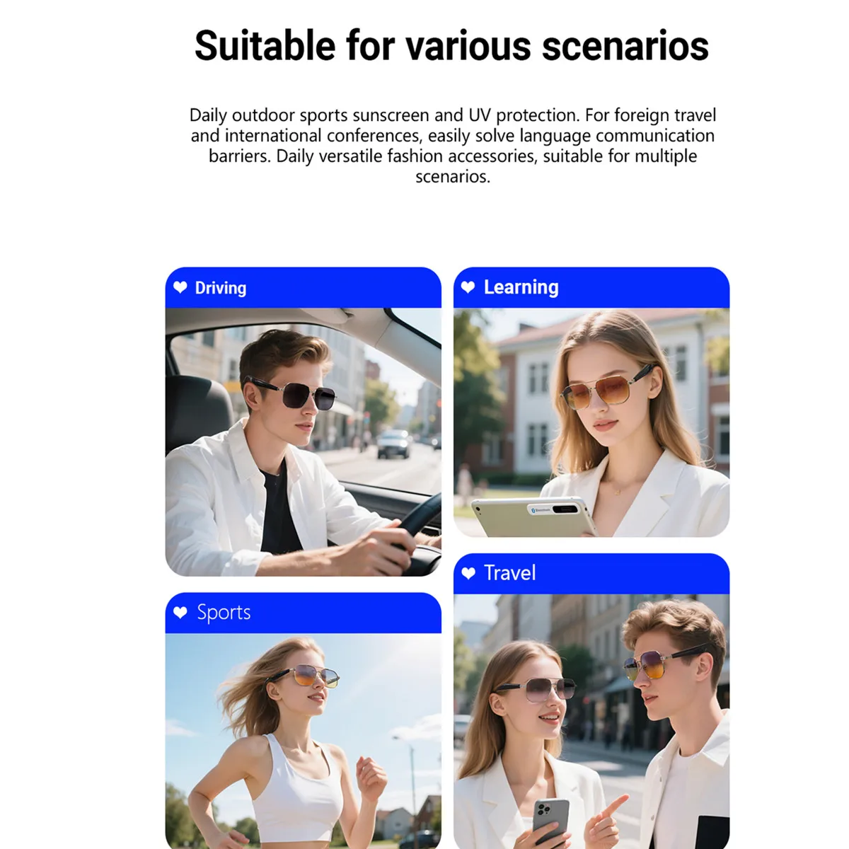 Bluetooth Smart Glasses Translate Language Remote Camera Play Songs Answer Call Smart Glasses with Artificial Intelligence