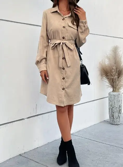

Autumn Solid Color Corduroy Shirt Dress for Women Commuting, Lapel Button Tie, Waist Cinching, Long Sleeved Corduroy Shirt Dress