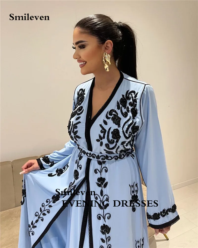 Smileven Sky Blue V Neck Moroccan caftan Evening Dresse Long Sleevees Lace Special Occasion Dress Lace Party Gown