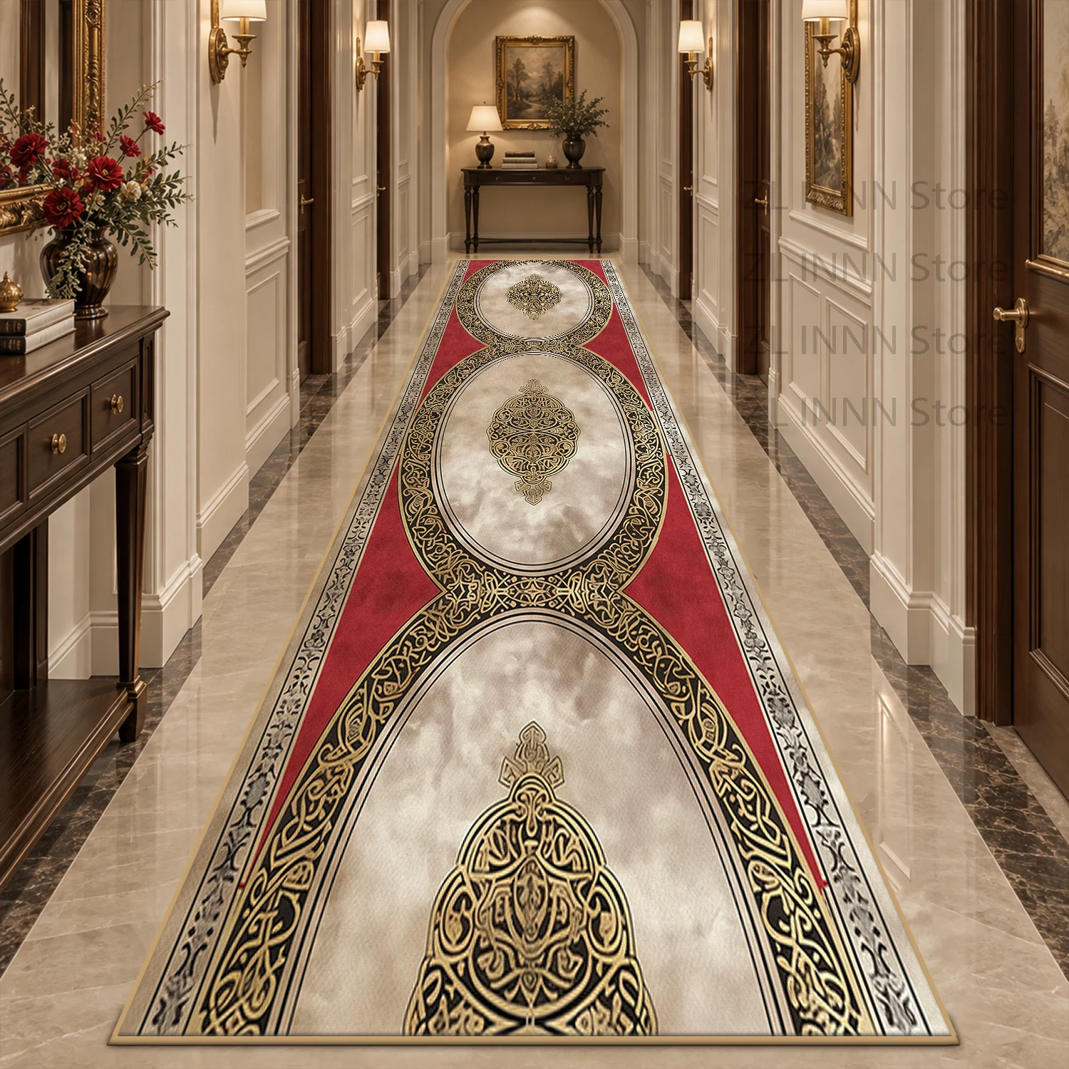 Luxury European Style Runner Rug Red Gold Decoration Long Corridor Carpet Non-slip Soft Stairs Passageway Runners Mat Washable