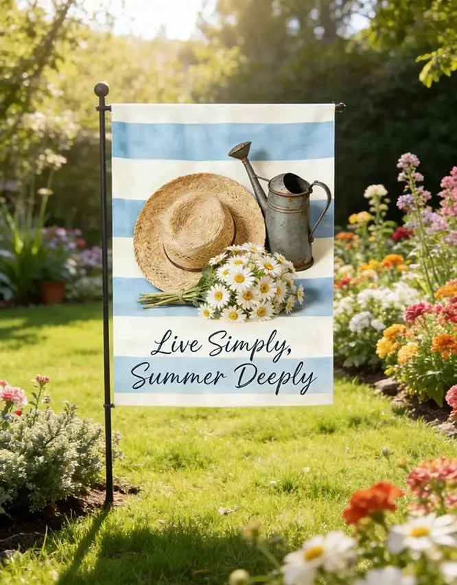 Daisy Straw Hat Garden Flag Burlap Double Sided Outdoor Yard Summer Decorations, 12 x 18 Inch (Live Simply, Summer Deeply) jjp