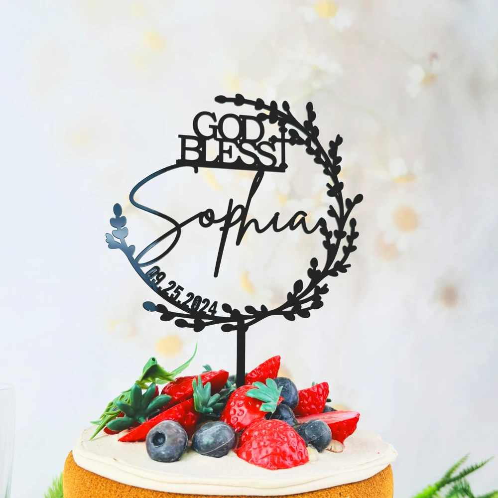 Adorno para tarta con corona Floral con nombre de bendición de Dios personalizado para bautismo, bautizo personalizado con fecha, adorno para tarta de primera comunión