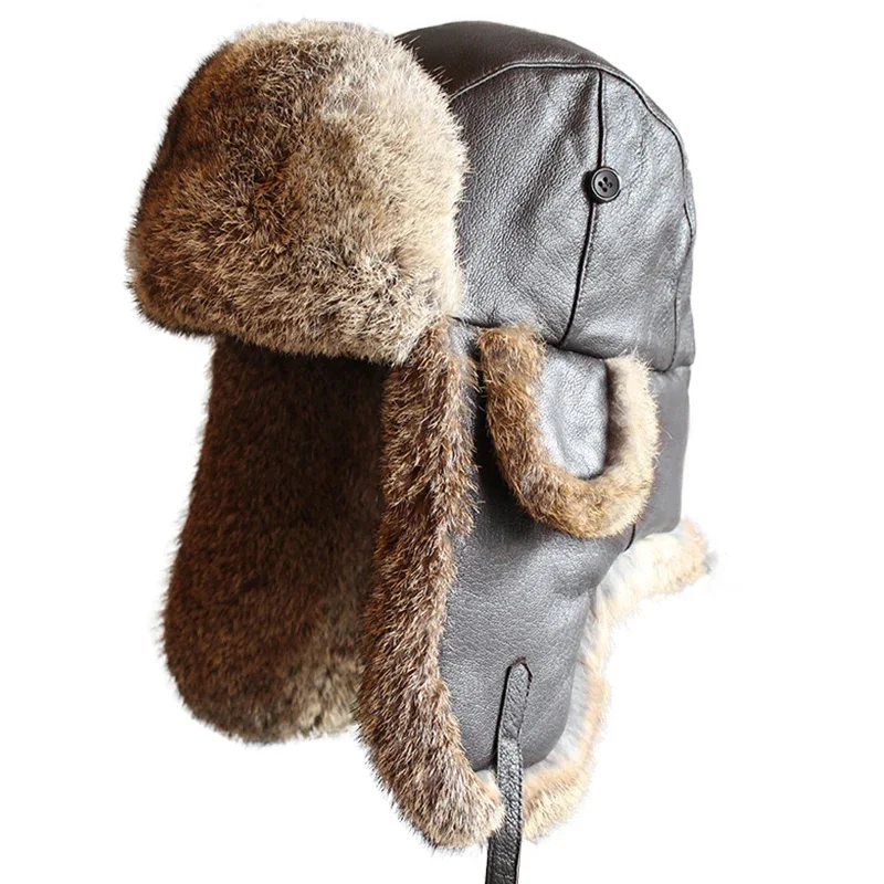 Winter Fur Bomber Men Women Leather Russian Hat Snow Trapper Cap Warflap Ushanka