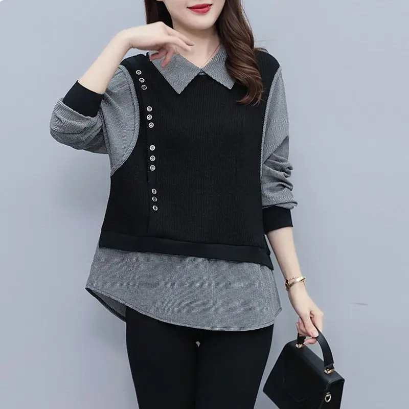 Fake Two Long Sleeved T-shirts for Women 2023 Spring Autumn New Fashion Button Patchwork Doll Collar Long Sleeve Loose Tops