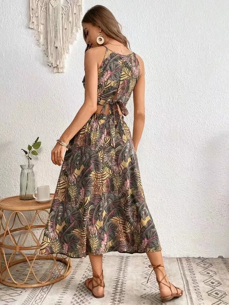 Women's Summer Set Elegant Square Neck Straps + Elegant Skirt Floral Print Lace-up Casual Beach Ladies Set Ladies Party Set