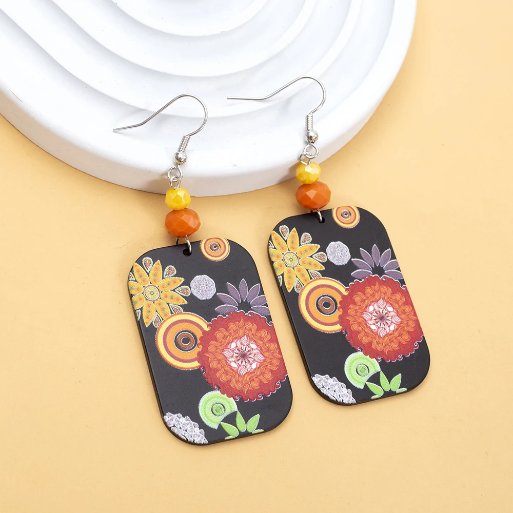 Fashion Print Gorgeous Colorful Flower Combination Acrylic Earrings For Women Vintage Style Elegant Hot Selling Girls Jewelry