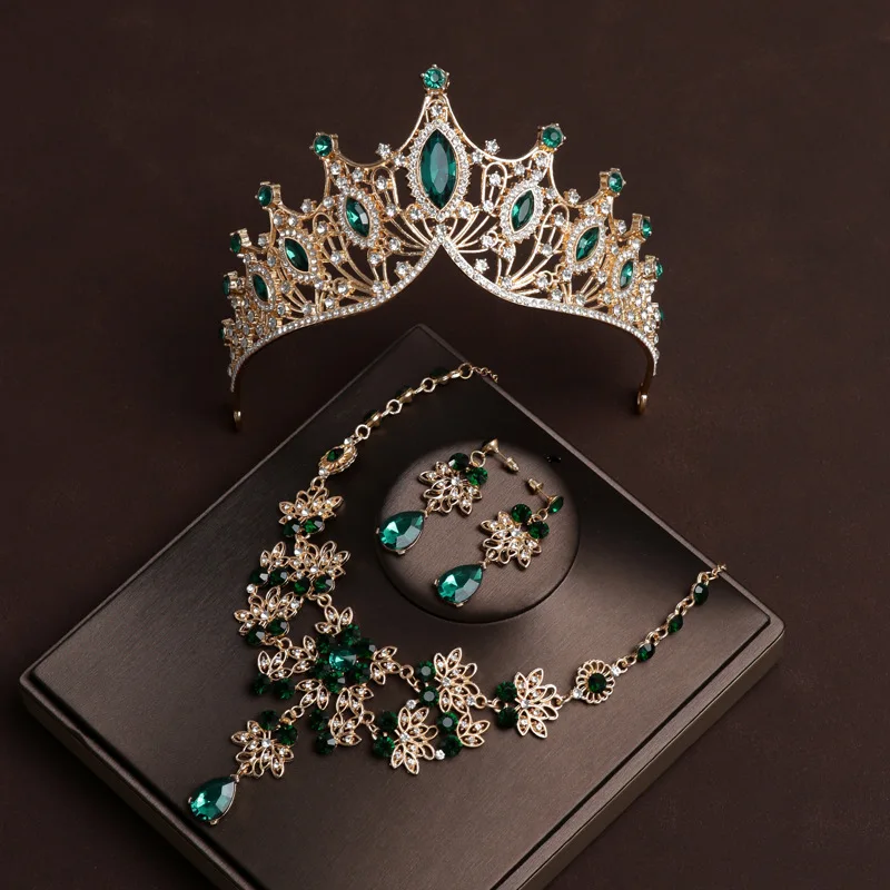 Fashion Bridal Headwear Green-color Elegant Quality Exquisite Ladies' Attractive Crown Necklace Earrings 4 Pcs Set ​For Wedding