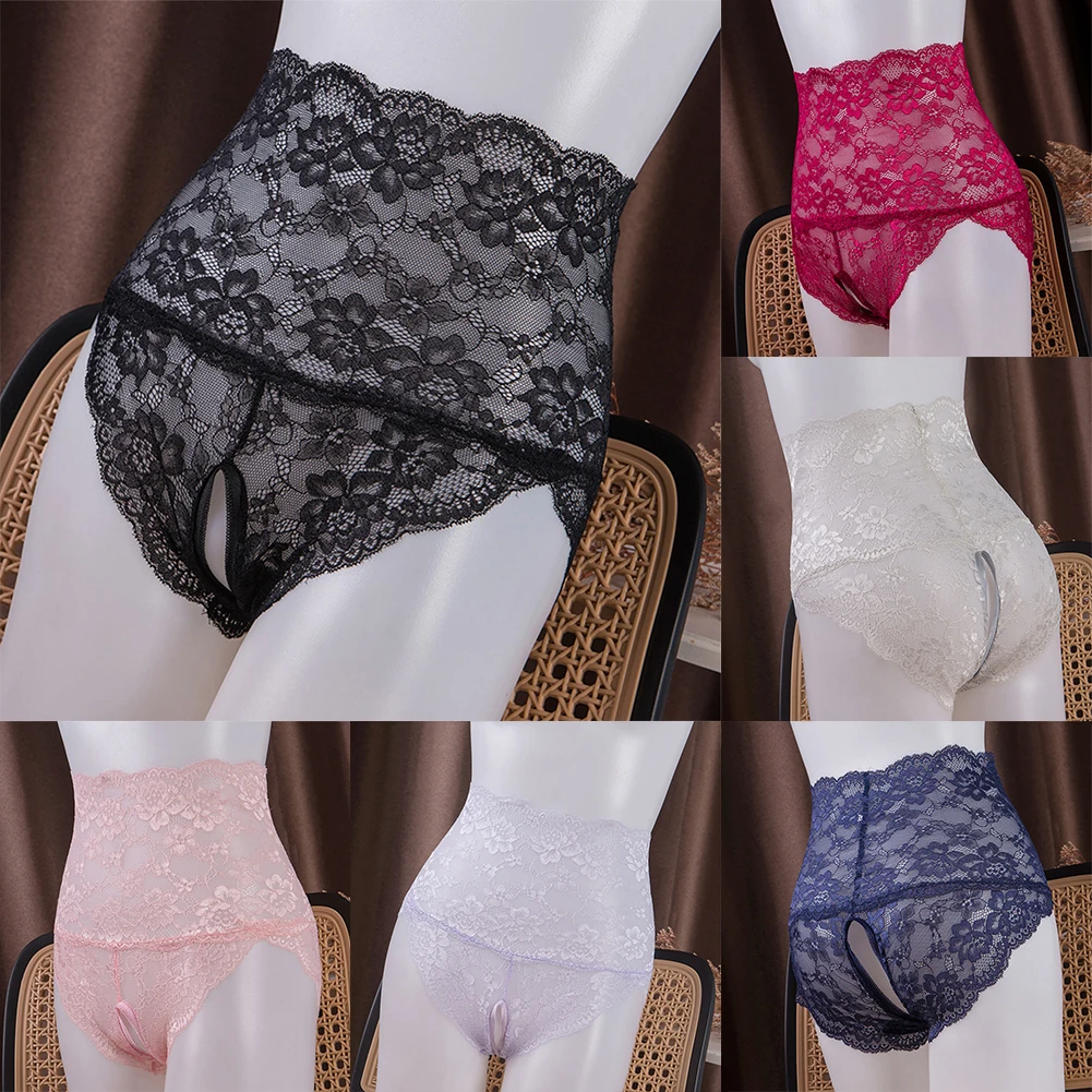 Sexy Women Lace Briefs Crotchless Transparent Panties Ultra-thin Hight Waist Underwear Solid Elasticity Knickers Erotic Lingerie