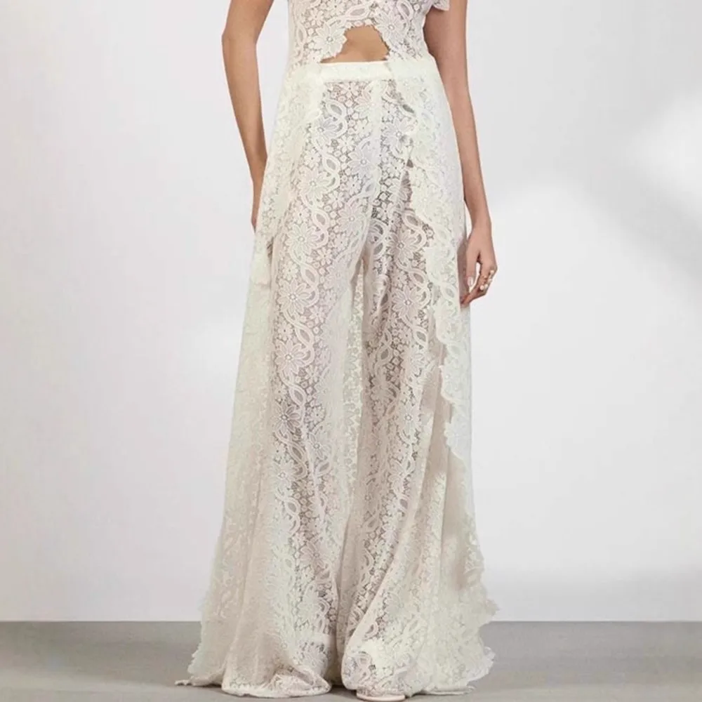 Elegant White See Through Flower Lace Pants Sets Women Sexy Short Sleeves Maxi Top High Waist Trousers Two Piece Set Fashion