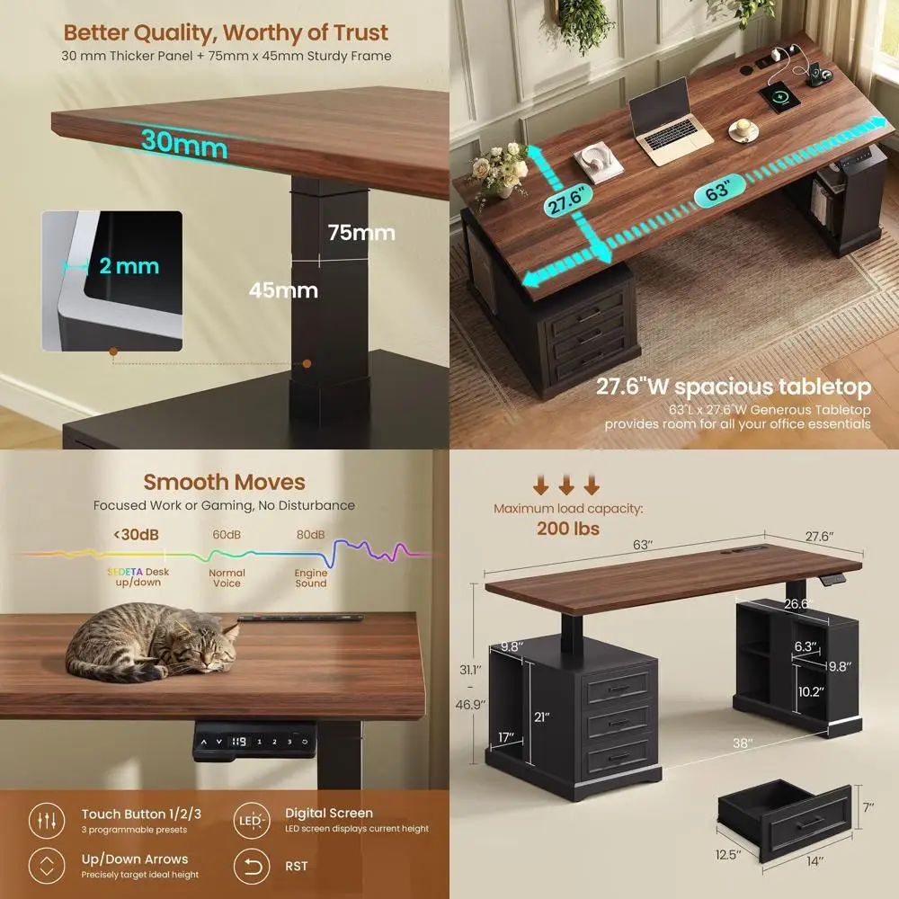 

Электрический регулируемый по высоте стол 63 дюйма с 3 ящиками, полками, розетками, черный деревянный офисный стол для домашнего использования