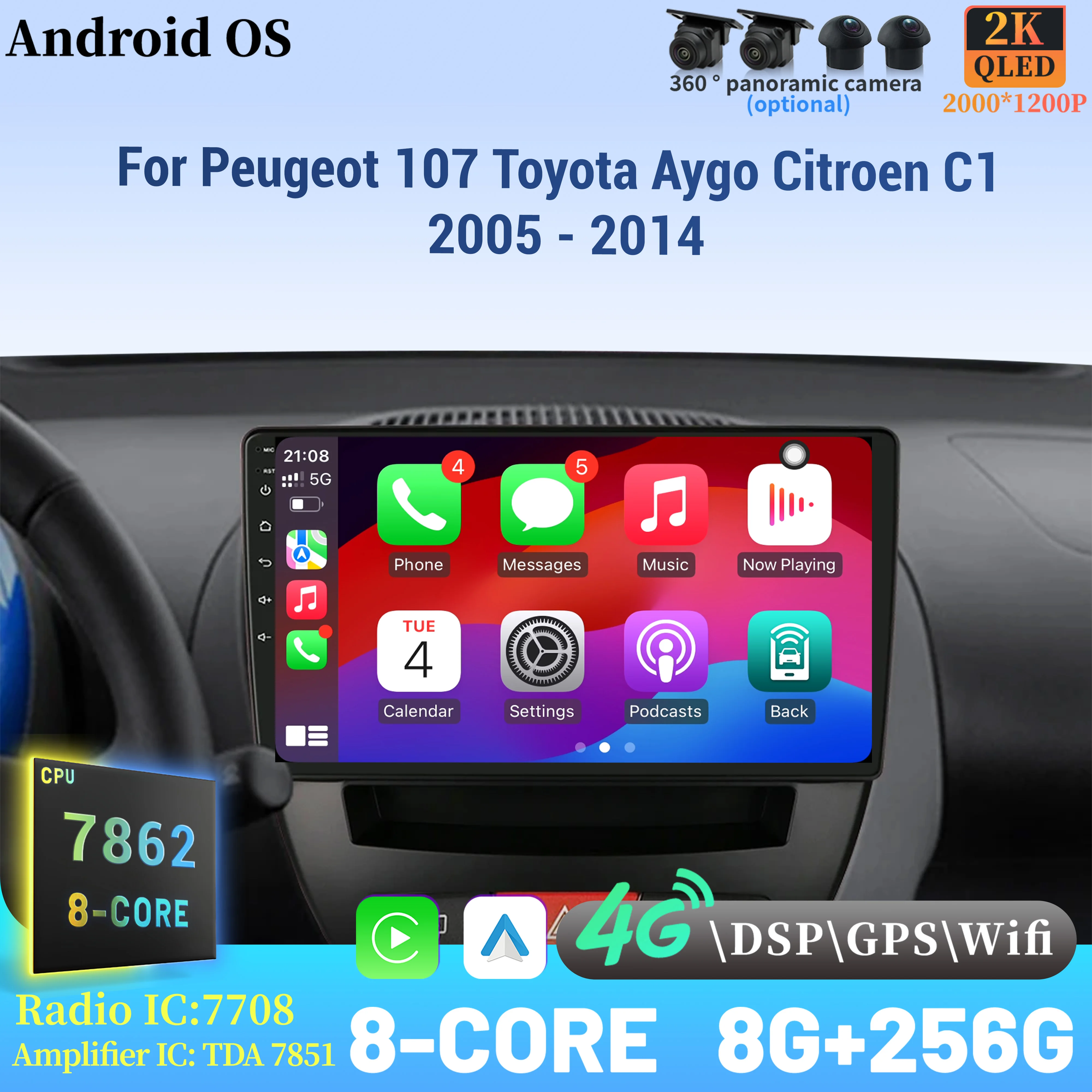 

Android 14 Radio Car Multimedia Player Touch 2K Screen For Peugeot 107 Toyota Aygo Citroen C1 2005 - 2014 Wireless BT CarPlay