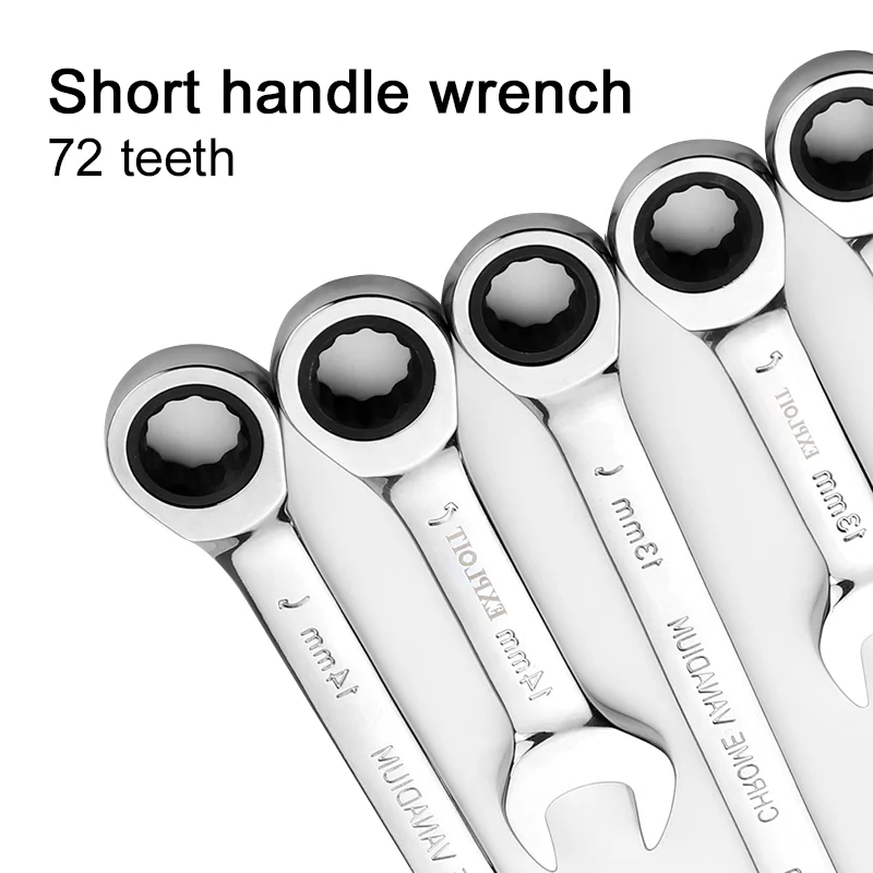 1Pcs 72-tooth short handle wrench CRV Quick Open Reversible Combination Stubby Spanner Auto Repair Tools 8-19mm